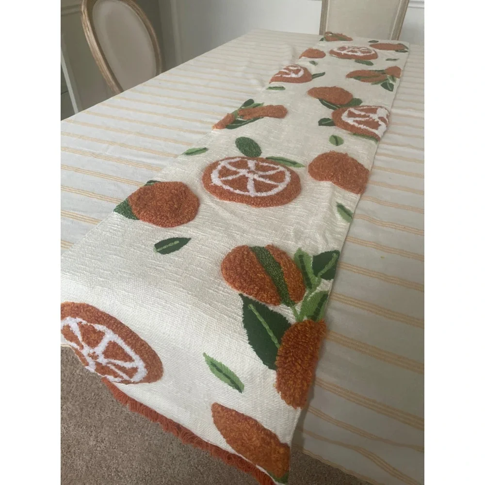 Kirkland's Home Orange Citrus Cotton Table Runner Tufted Fruit Fringe Cream